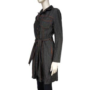 HOLT RENFREW Vtg Y2K Long Denim Gray Jeans Jacket button-down Tie Waist sz 2